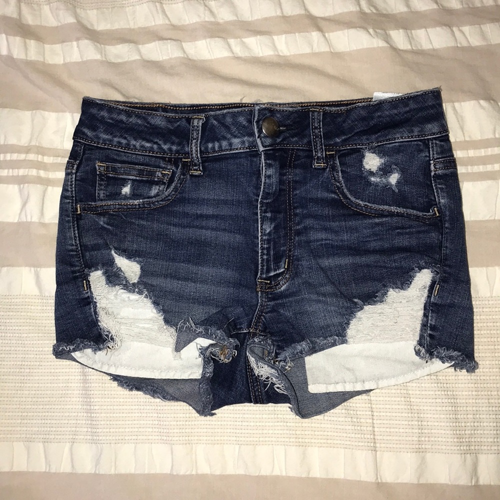 american eagle ripped dark blue high rise shorts